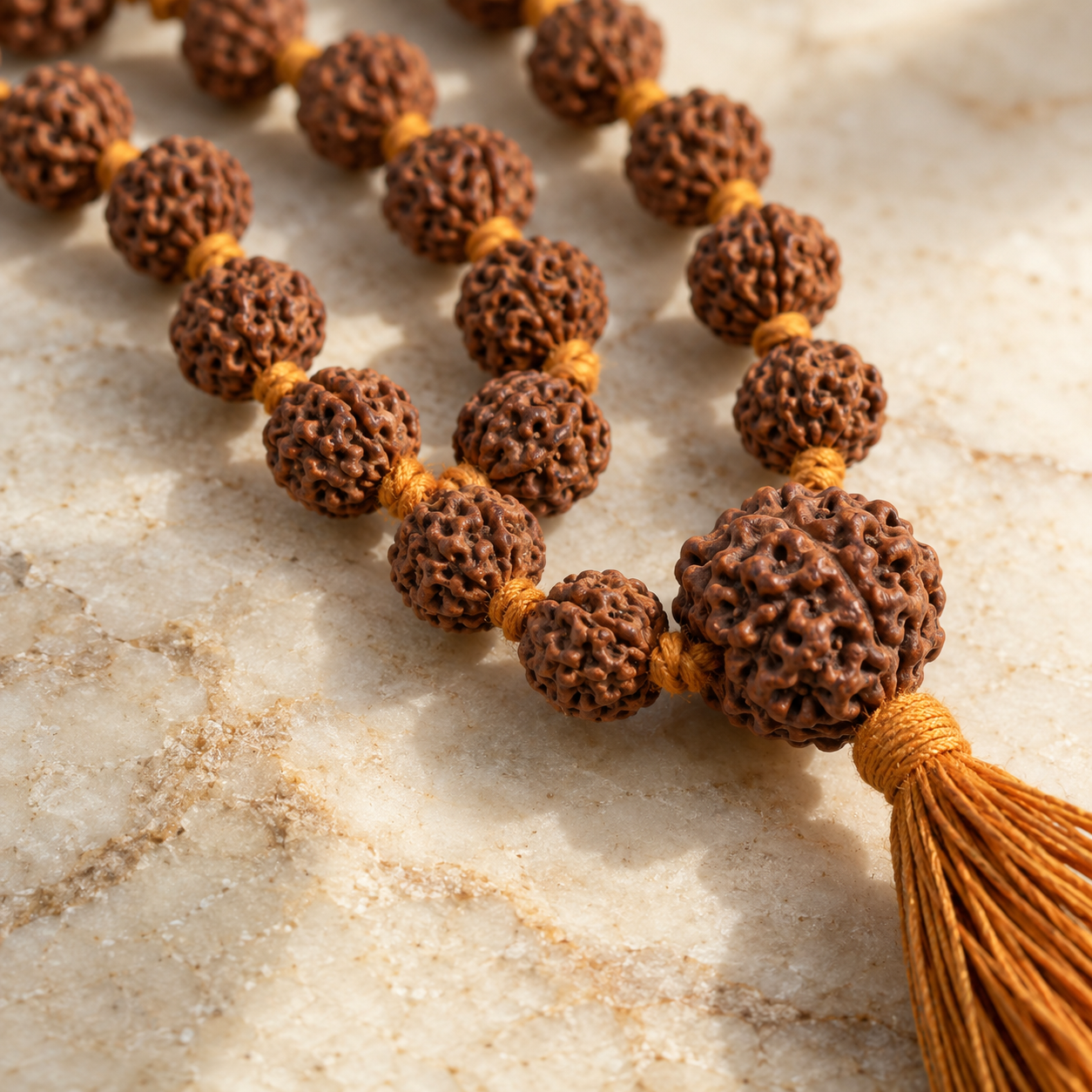 Close detail of naturally grooved Rudraksha beads and saffron cotton cord