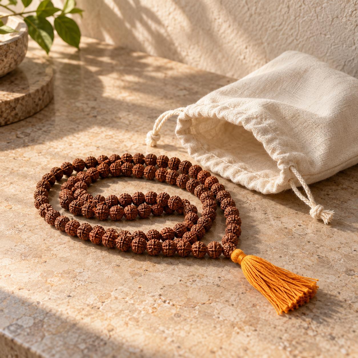 Rudraksha mala beside an unbranded natural cotton storage pouch