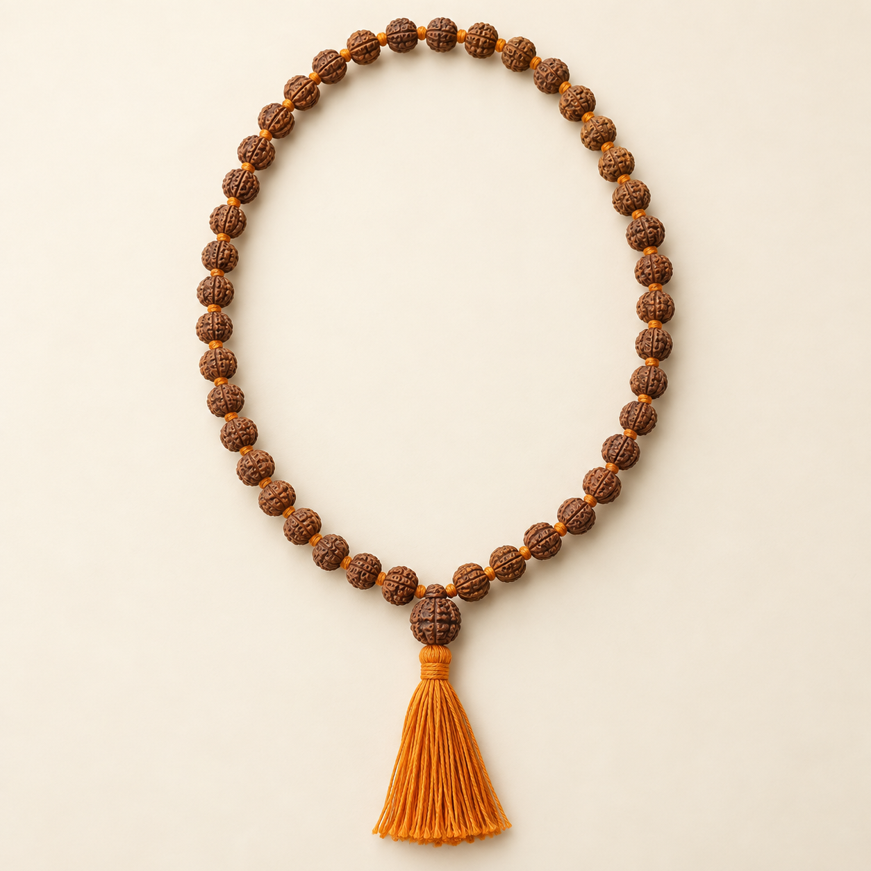 108-bead Rudraksha japa mala arranged in an oval with saffron tassel