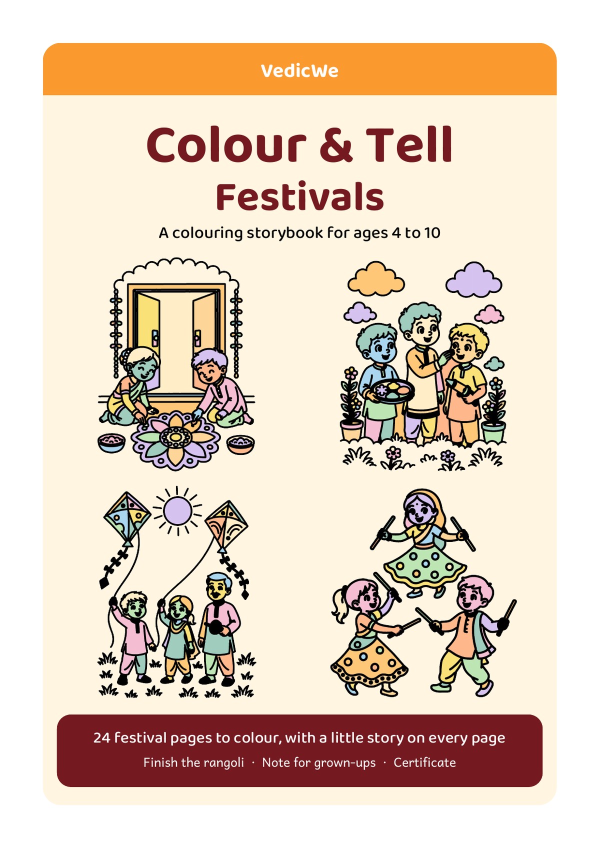 Colour & Tell: Festivals (US Letter): cover with children drawing a rangoli at a door, friends sharing Holi sweets, kite flying at Makar Sankranti, and dandiya dancers