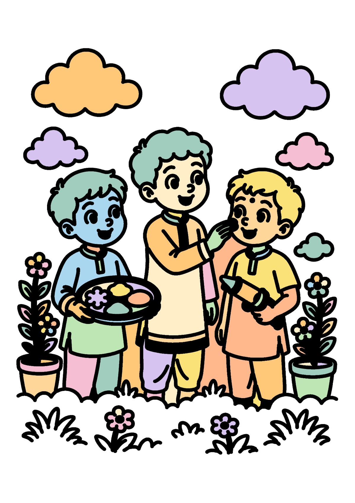 Colour & Tell: Festivals (US Letter): coloured-in example: Holi page