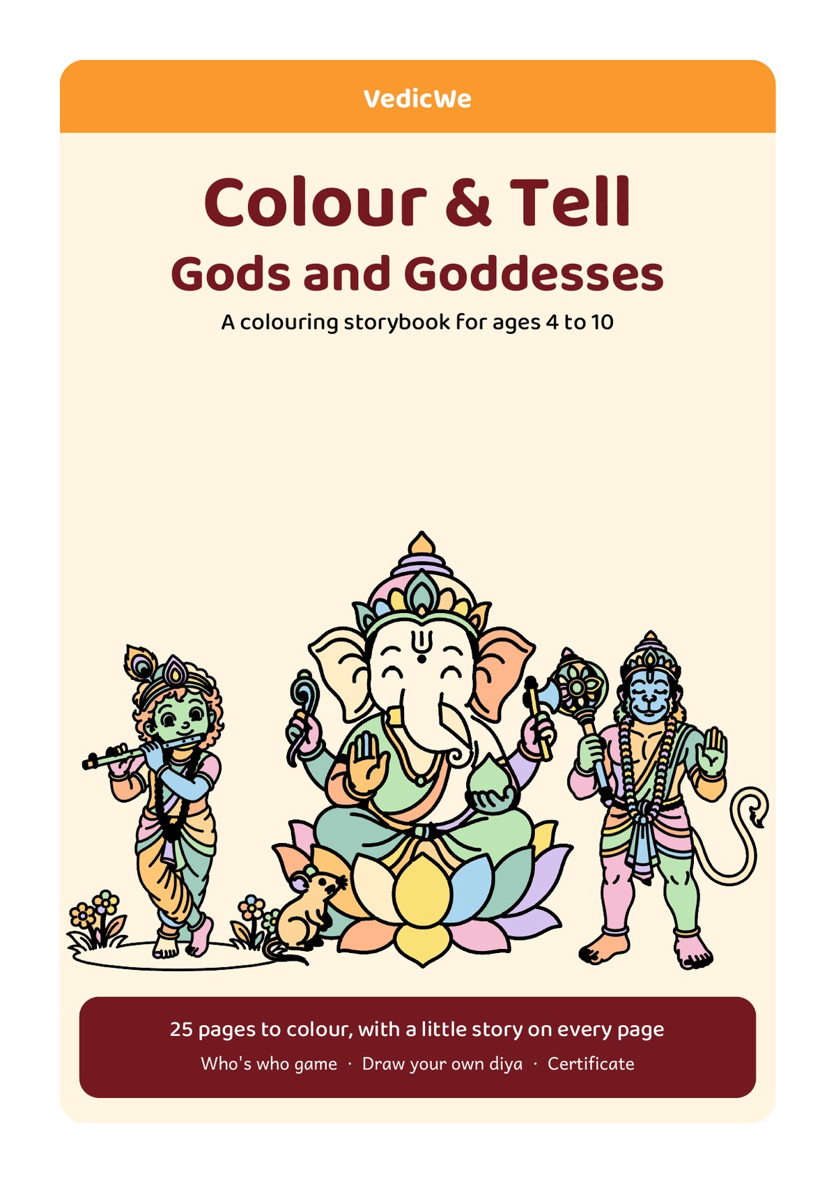 Colour & Tell: Gods and Goddesses (A4): cover with Krishna playing his flute, Ganesha on a lotus with his mouse, and Hanuman with his mace
