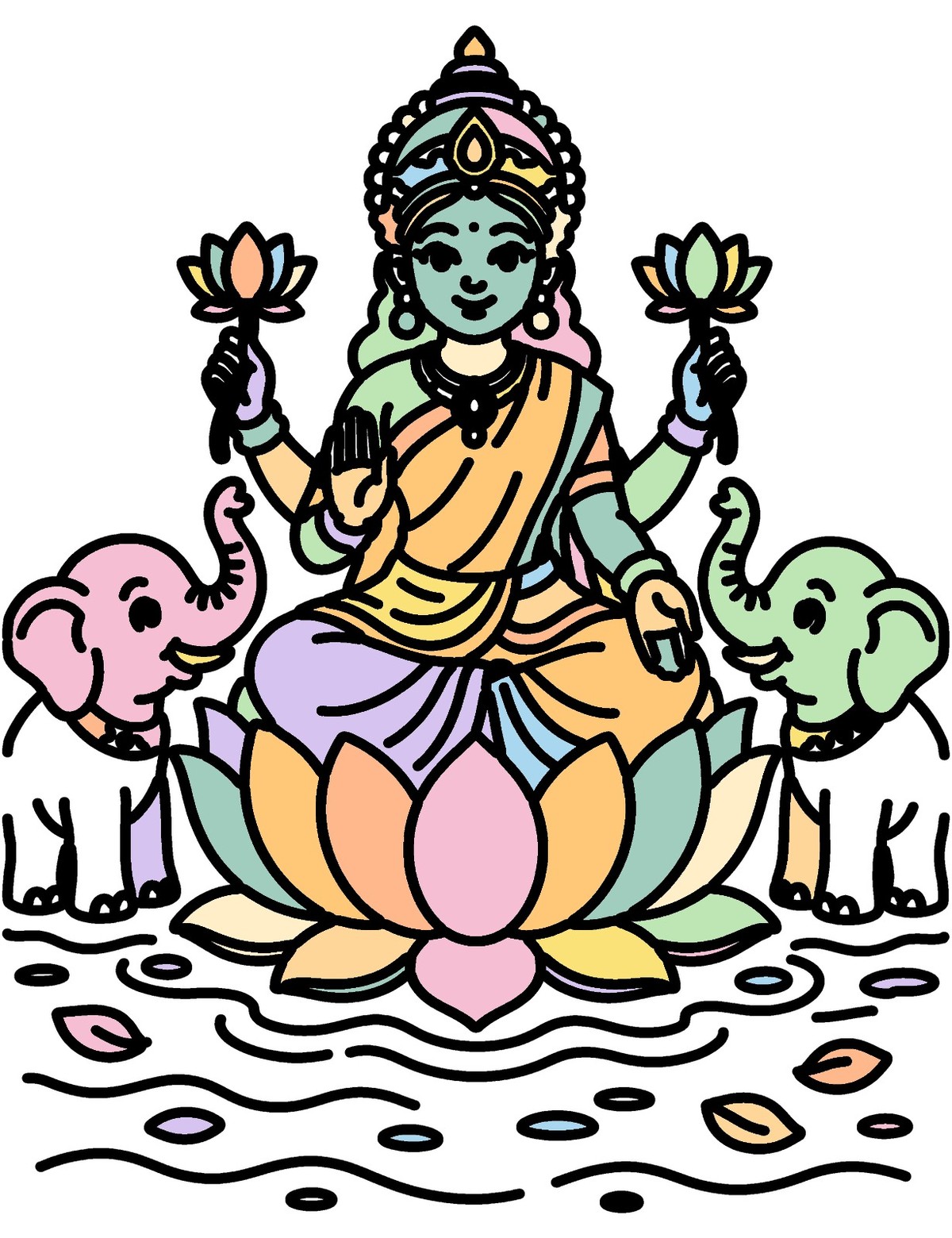 Colour & Tell: Gods and Goddesses (US Letter): coloured-in example: Lakshmi page