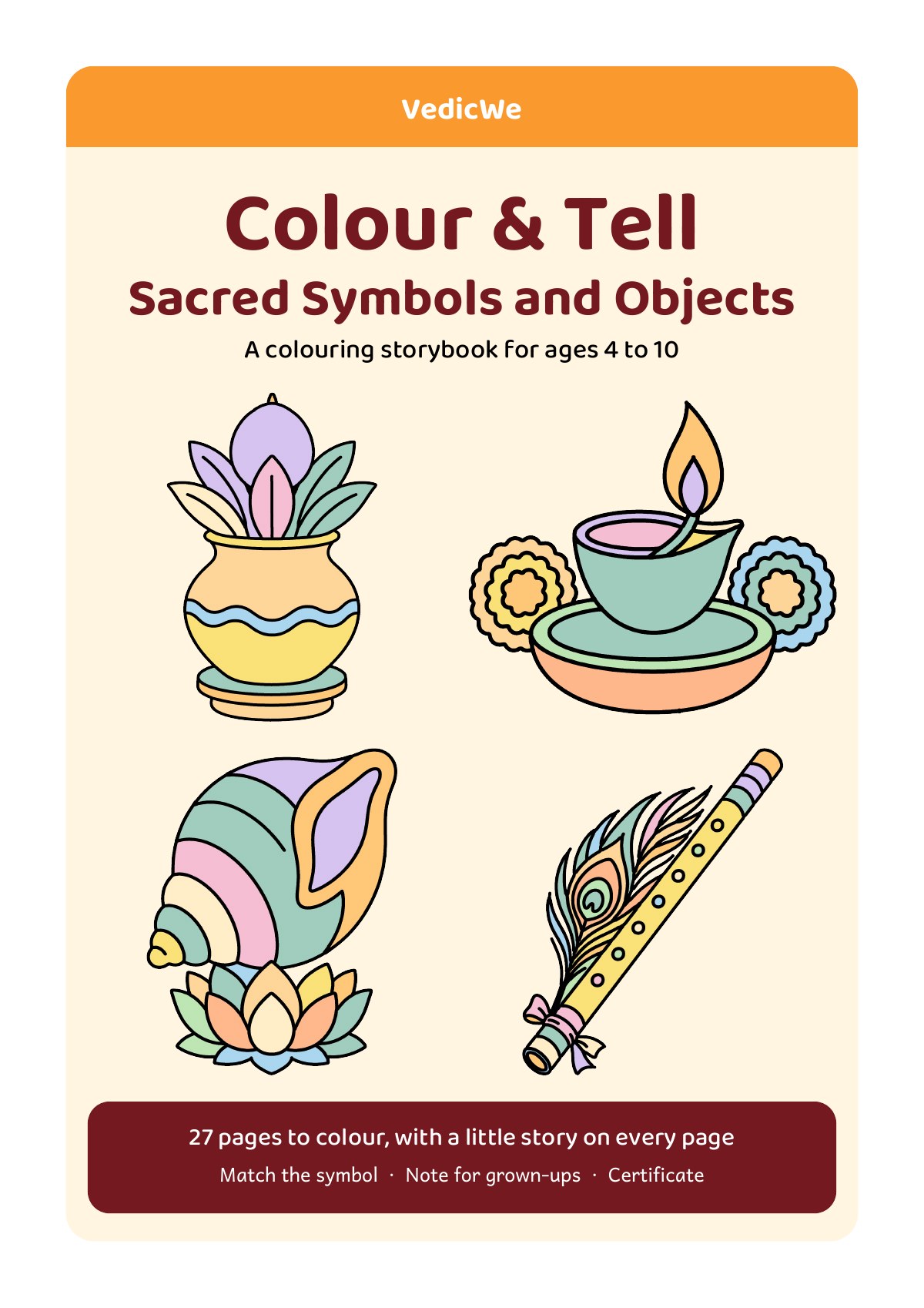 Colour & Tell: Sacred Symbols and Objects (A4): cover with a kalash, diya, conch on a lotus, and flute with peacock feather