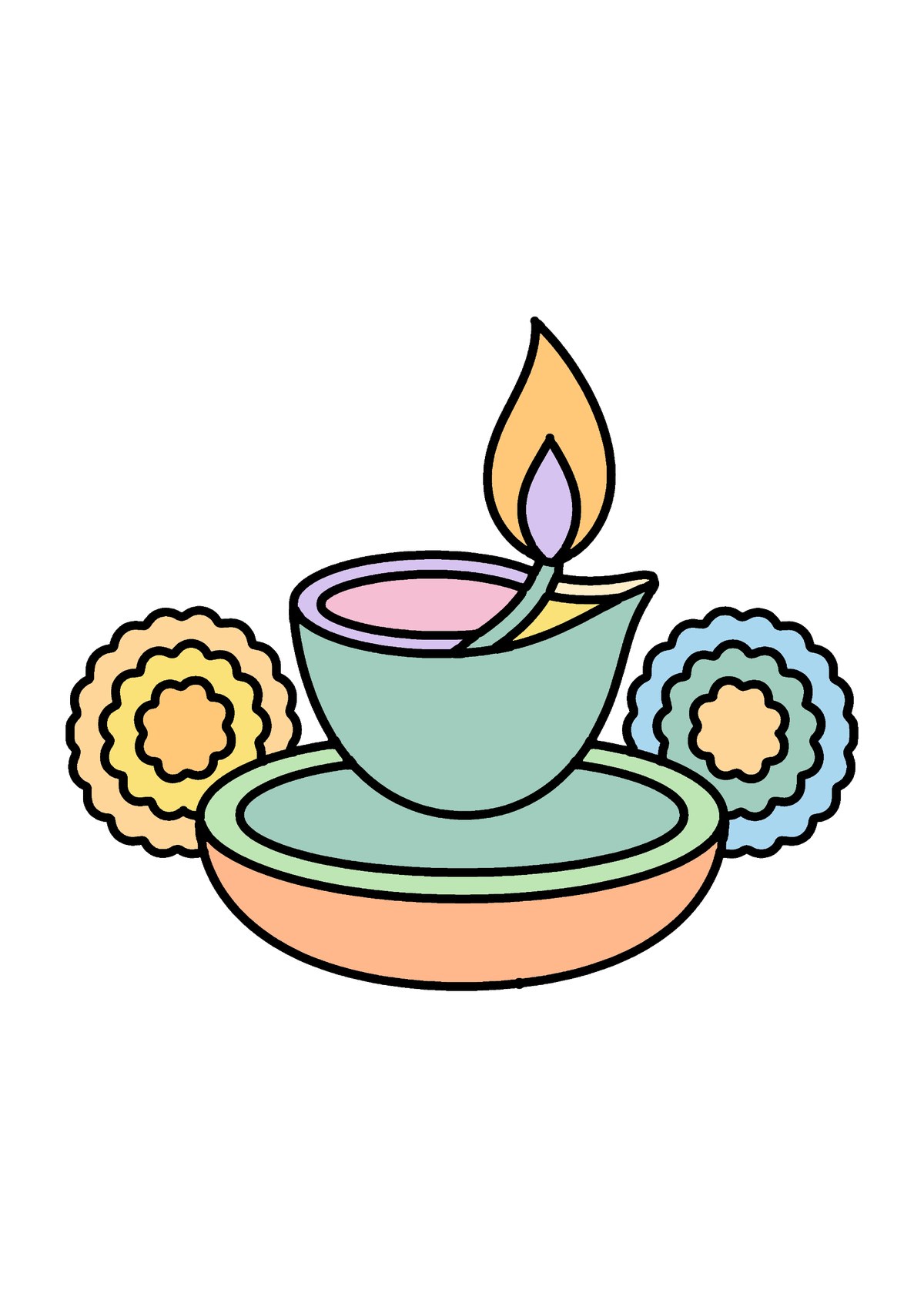 Colour & Tell: Sacred Symbols and Objects (A4): coloured-in example: diya page